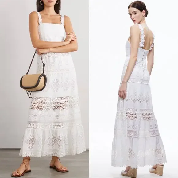 Alice + Olivia Alora Embroidered Crochet Lace Eyelet Floral Maxi Dress Size 4 Maxi